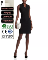 Robe fourreau noire unie sans manches pour femme, col en V classique, coupe ajustée pour les occasions professionnelles formelles