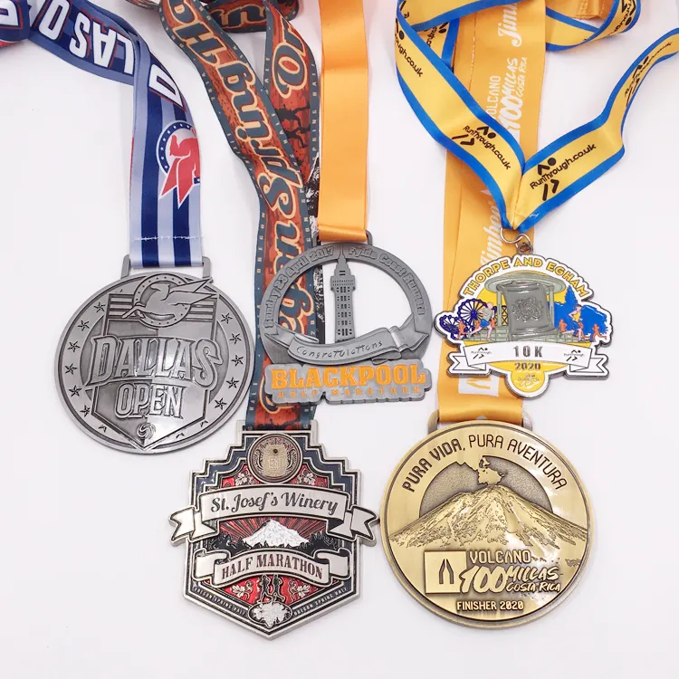 zinc alloy 3D Antique silver/antique gold/antique copper high quality custom marathon running medal with sublimated ribbon