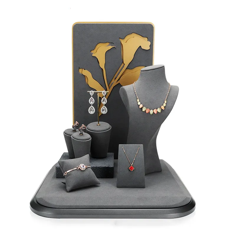 Velvet Gray Luxury Store Necklace Bracelet Flower Design Shop Showcase Window Jewelry Stand Bust Display Set