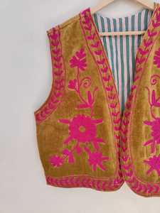 Chaqueta Bomber de Terciopelo Suzani Bordada a Mano, Reversible, Ecológica, Transpirable, de Manga Corta, Diseño Floral, para Invierno - Product Image 3