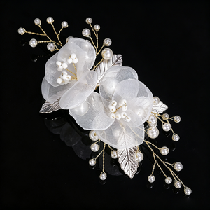 Pinza para el pelo de novia de organza <span class=keywords><strong>con</strong></span> flor, hecha a mano, <span class=keywords><strong>con</strong></span> perlas y hojas de aleación, accesorio para el cabello de boda, tocado floral romántico de malla blanca para mujer - Product Image 2