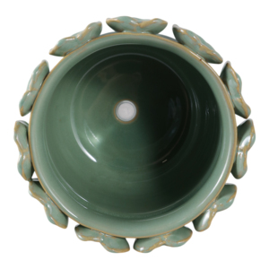 Vaso in Ceramica Rotondo con Bordo a Foglia per Uso Interno ed Esterno, Vaso per Fiori in Gres Verde, Arredo Moderno 8 Pollici - Product Image 6