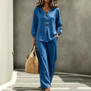Ensemble deux pièces décontracté pour femme : haut à manches longues et col en V boutonné et pantalon, couleur unie, élégant pour le quotidien, noir, tailles S, M, L, XL, XXL, XXXL - Product Image 4