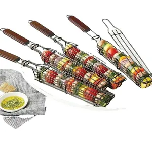 Wooden Handle Stainless Steel Meat and Vegetable Mesh Cleats Barbecue clip Household outdoor BBQ barbecue utensils