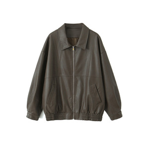 Veste en cuir PU marron cacao pour femmes grandes tailles Runqi N8805 Coupe ample Automne Tissu tissé en cuir fendu - Product Image 1