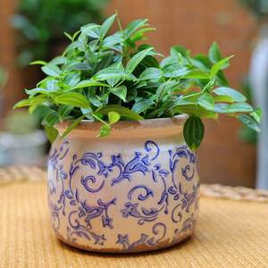 Maceta de Cerámica de Estilo Vintage con Efecto Envejecido, Boca Redonda, Esmalte Agrietado, Diseño de Porcelana Azul y Blanca; Maceta; Jardinera - Product Image 1