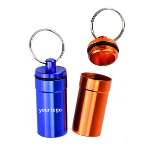 Custom Logo Pill Box Outdoor Waterproof Mini Aluminium Bottle Keychain Medicine Canister Keychain Promotional Pill Case Keychain