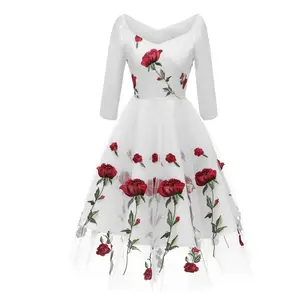 Vestidos Elegantes de tul con bordado de flores para mujer, ropa de malla vintage para fiesta de noche, A1001, 2021