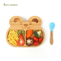 Assiettes à déjeuner en bois de bambou écologiques et ensemble de cuillères en silicone avec motif d'ours de dessin animé pour enfants, ustensiles de cuisine, logo laser
