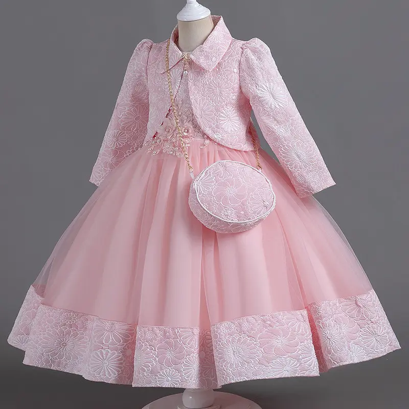 Nuevo 5 11 años Niña princesa flor chaqueta + bolsa disfraz cumpleaños niños encaje vestido rosa ropa arco 3 piezas traje para Año Nuevo