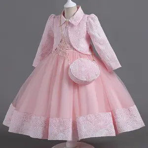 New 5 11 years Girl Princess Flower Jacket + Bag Costume Birthday Children Lace Dress Pink Clothes Bow 3pc Suit for New Year