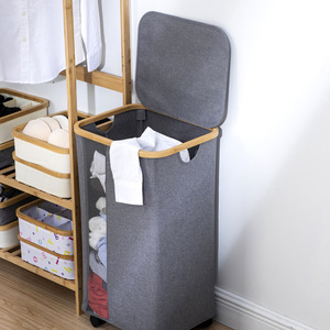 Foldable <b>Laundry</b> Hamper Grey Rectangle <b>Standing</b> Type For Clothing Storage With Mesh Panel And Wheels - Product Image 3