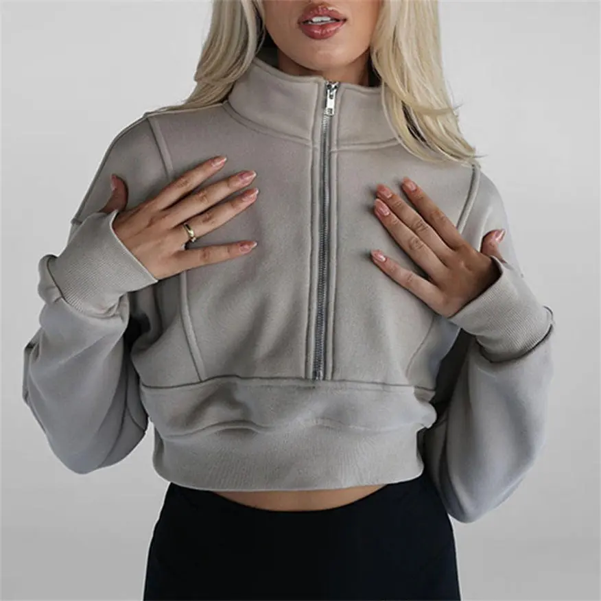 Womens Mùa Thu Trang Phục Quần Áo Cotton Quý Dây Kéo Hoodies Áo Nỉ Nửa Zip Cắt Áo Thun Với Ngón Tay Cái Lỗ