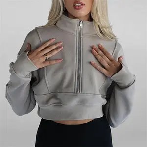 Pakaian musim gugur wanita pakaian katun Quarter ritsleting hoodie Sweatshirt setengah ritsleting crop Pullover dengan lubang jempol