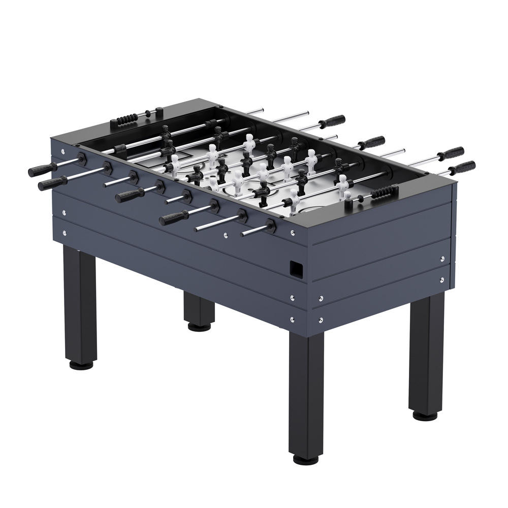 Mesa de futbolín gris y negra que funciona con monedas.