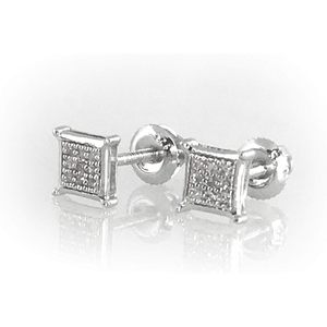 Jewelspaark Square <b>Stud</b> Earrings 0.04 Cttw Round Cut White Natural Diamond 925 Sterling <b>Silver</b> Prong Setting Women's Everyday - Product Image 2
