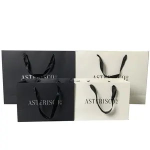 Luxury Clothing Shopping Jewelry Packaging Custom Printed Logo Boutique Small Gift Paper Bag With Ribbon Handle