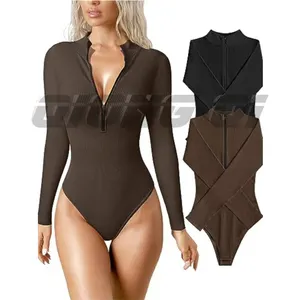 Europe and the United States 2024 long-sleeved jumpsuit sexy ribbed one-piece front zipper long-sleeved top jumpsuit