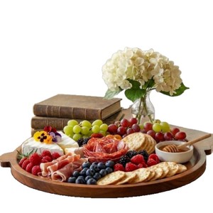 Round Acacia Wood Serving <b>Tray</b> Dark Brown 12 Inch Cheese Charcuterie Board For Party <b>Snacks</b> - Product Image 5