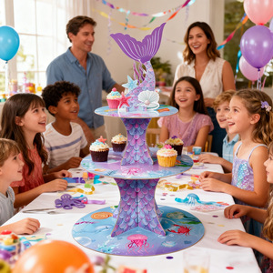 Mermaid Tail Three Tier Paper Cake Stand Round Reusable Birthday Party Dessert <b>Display</b> Decor - Product Image 4