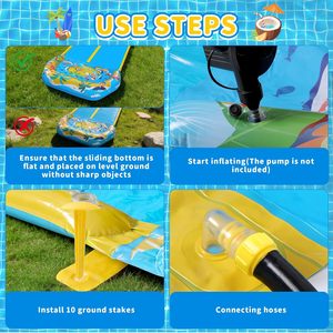 Tobogán Acuático con Estampado Tropical Azul y Amarillo, con Aspersor y 2 Tablas de Boogie para Niños, para Carreras en el Patio Trasero - Product Image 6