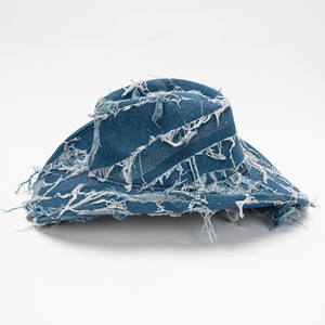 Chapeau <span class=keywords><strong>de</strong></span> cowboy vintage américain délavé à bords effilochés, chapeau en denim unisexe à large bord avec décoration en pompon pour le style <span class=keywords><strong>de</strong></span> rue en plein air - Product Image 2