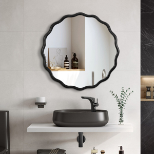 Specchio Ondulato in Legno Massello Nero 36x36, Decorazione Moderna da Parete per Camera da Letto, Bagno, Soggiorno - Product Image 2
