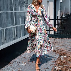 Vestido Floral con Cuello en V para Mujer, Estilo Europeo y Estadounidense, Verano 2026, Comercio Exterior, Vestido Estampado Informal para Vacaciones - Product Image 1