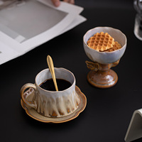 Ensemble tasse à café et soucoupe en céramique de style français, luxe léger, vintage, motif feuille créatif, bol à glace sur pied haut, pour usage domestique