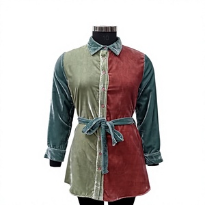 <b>Velvet</b> Color Block <b>Shirt</b> <b>Dress</b> With Belt Turn-down Collar Long Sleeve Mini Casual <b>Dress</b> Autumn Style - Product Image 1