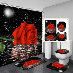 Blooming Floral Amor romántico Boda Día de San Valentín Decoración de baño Rosa roja Conjunto de cortina de ducha