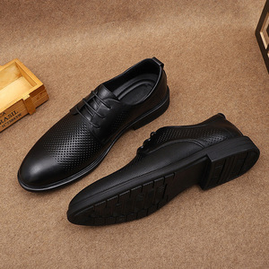 Chaussures habillées d'été pour hommes en cuir véritable, style Oxford, à bout rond, à lacets, respirantes, pour le bureau et la carrière, semelle extérieure en caoutchouc noir massif, en peau de porc - Product Image 2
