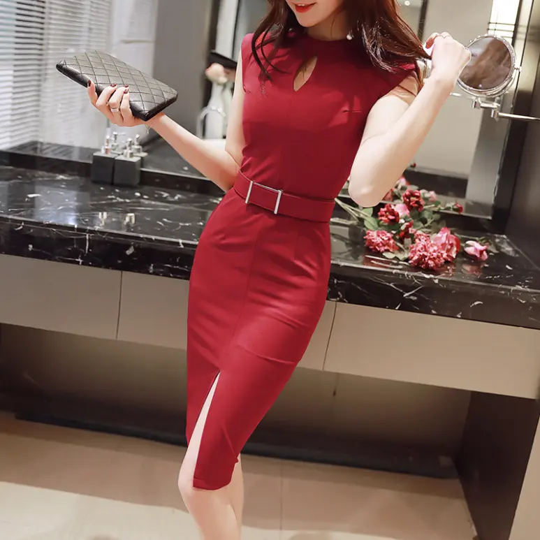 Lady Elegant Fashion Office Wear Stand-UP Collar Body Slim Casual bodycon knee length dress OEM/OEM guangzhou manufacturer