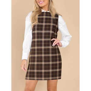 Vestido Mini a Cuadros para Mujer, Sin Mangas, Cuello Redondo, Corte en A, Tejido, para Fiesta, Cintura Natural, Cómodo - Product Image 2