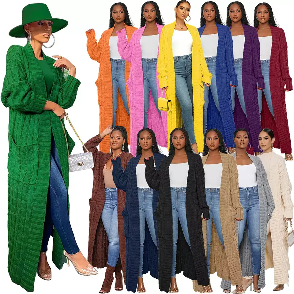 2023 New Fall Winter Solid Color Long Cardigan Fashion Pockets Sweater Coat Women Twist Knitted Cardigan