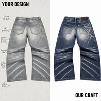 Jeans vintage personnalisés pour hommes, coupe droite, 14 oz, bleu délavé, effet vieilli, broderie éclair, motif nid d'abeille, hiver automne