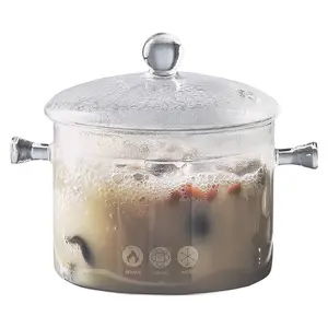 وعاء طهي مخصص عالي المستوى مقاوم للحرارة من الزجاج الشفاف بطبقتين مع مقبض على شكل أذن للطبخ اليومي
