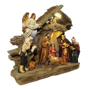 Top Grace 10 Inch Nativity Religious Statue With Led LightResin Broken Wooden Crib Christmas Decoration Outdoor
