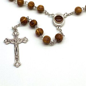 Hot selling Brown Wood Beads with Carve Flower Antique Silver Alloy Necklace Catholic Prayer Saint Therese Rosary - Product Image 3