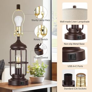 Table <b>Lamp</b> Set Of 2 With USB Ports <b>Touch</b> Control Dimmable <b>Bedside</b> <b>Lamp</b> Farmhouse Rustic Style - Product Image 1