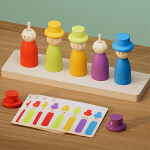 Puzzle di ordinamento Montessori per bambini piccoli, gioco in legno con 5 figure per abbinare colori e impilare, con carte con espressioni e cappelli - Product Image 2