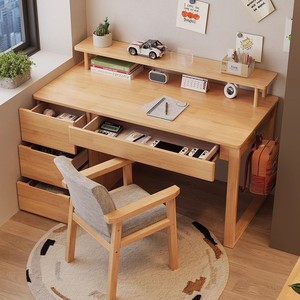 Solid Wood <b>Desk</b> With Bookshelf Natural Color <b>Study</b> <b>Desk</b> For Home Office Student Computer <b>Desk</b> - Product Image 4