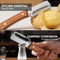 Éplucheur multifonctionnel 2-en-1 en acier inoxydable pour fruits et légumes avec manche en bois et ouvre-bouteille pour fruits, pommes de terre, citrouilles