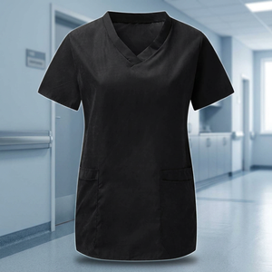 Blouse de travail noire à col en V pour femmes avec deux poches avant, uniforme d'hôpital, tissu tissé en coton et polyester - Product Image 2