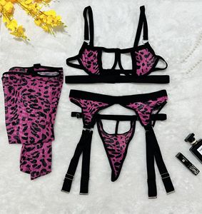 Set di Lingerie in Rete con Stampa Leopardata, Reggiseno con Ferretto, <span class=keywords><strong>Reggicalze</strong></span> e Calze, Kit <span class=keywords><strong>Completo</strong></span> - Product Image 6