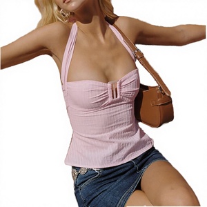 Women's Summer Striped Halter Neck Ruched Short <b>Cami</b> <b>Top</b> Dobby Fabric Backless Navel Exposing Design Elegant Polyester Spandex - Product Image 2