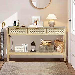 <span class=keywords><strong>Table</strong></span> <span class=keywords><strong>console</strong></span> en bois de salon avec 3 tiroirs, <span class=keywords><strong>table</strong></span> d'entrée en rotin pour entrée - Product Image 1