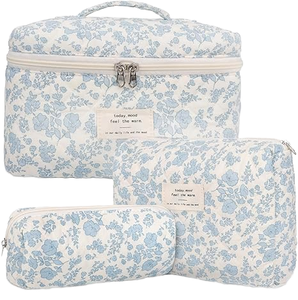 Bolsa de Maquillaje Acolchada para Mujer, Bolsa de Cosméticos de Algodón Floral, Bolsa de Maquillaje de Viaje Grande, Bolsa de Aseo con Estética Coqueta - Product Image 1