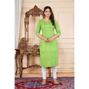Compre Kurti Laheriya Verde Estampado, Kurti Étnico de Algodón con Cuello Redondo y Mangas Tres Cuartos, Ropa Casual - Product Image 1
