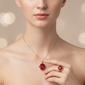 Ensemble de bijoux tendance en or 14 carats plaqué or rose, cuivre écologique, imitation rubis et saphir taille ovale, comprenant des bagues et un collier TU - Product Image 5